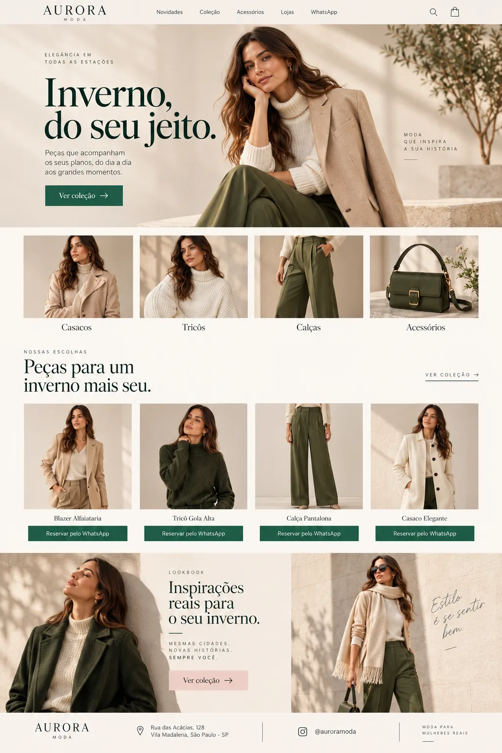 Site fictício de Aurora Moda: loja virtual editorial com coleção de inverno, categorias, produtos e lookbook