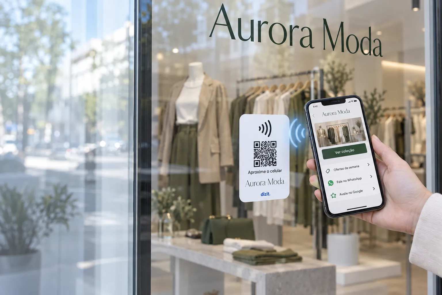 Celular se aproximando de uma placa com NFC e QR Code colada no vidro da vitrine de uma loja de roupas; na tela, a página da loja com ofertas, WhatsApp e avaliação no Google